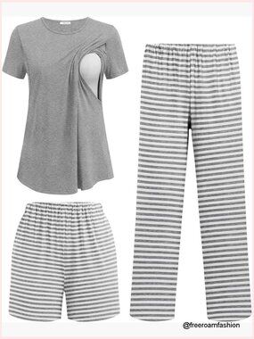 Large Maternity Nursing Pajama Set Short Sleeve Top Adjustable Waist
